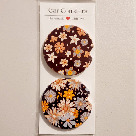 Retro Flowers Dark Car Coasters