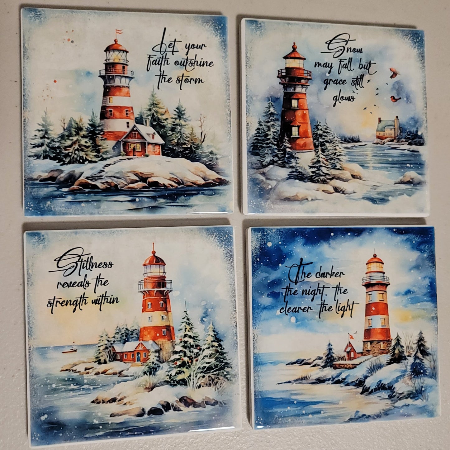 Winter Lighthouse Coaster Set