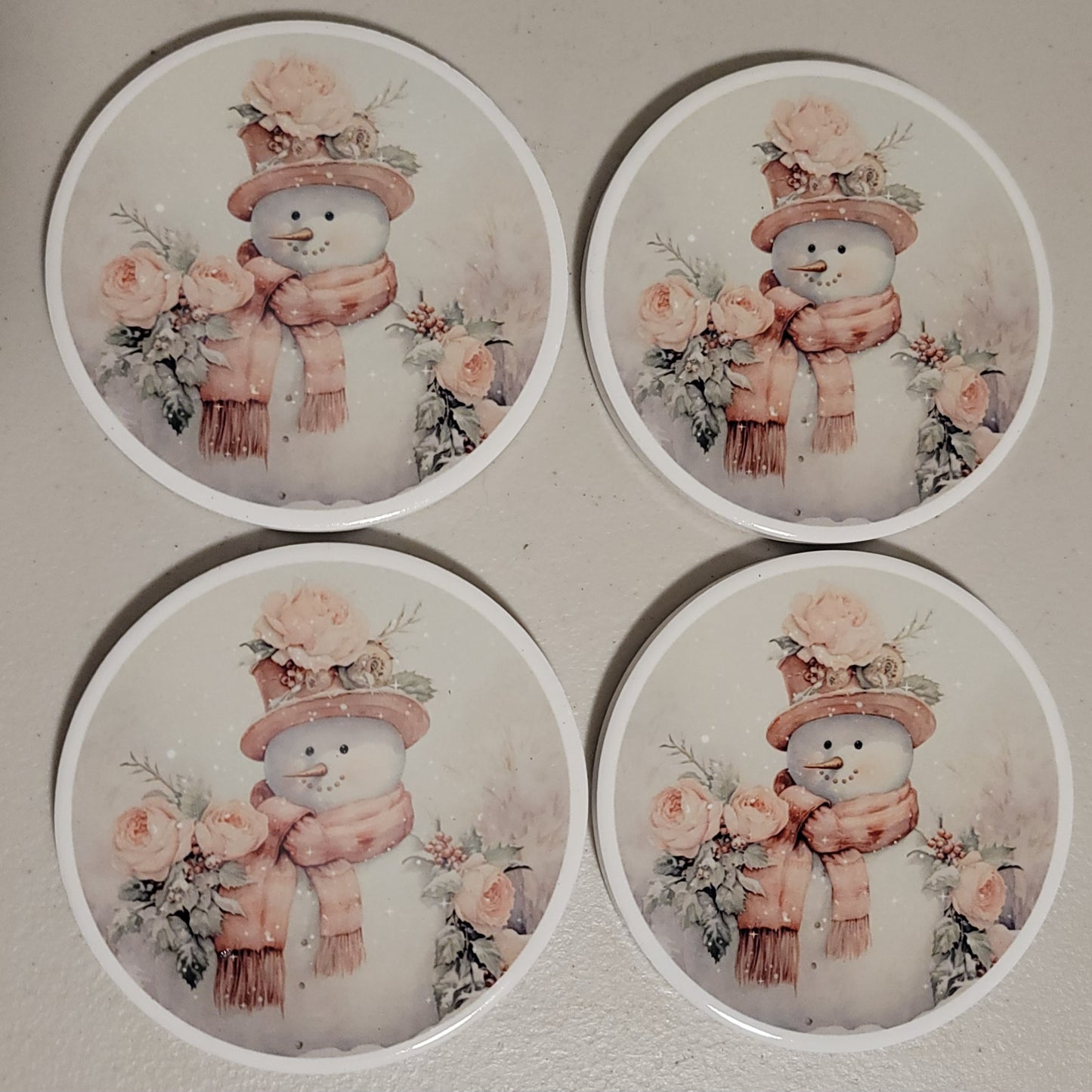 Antique Pink Snowman Coaster Set