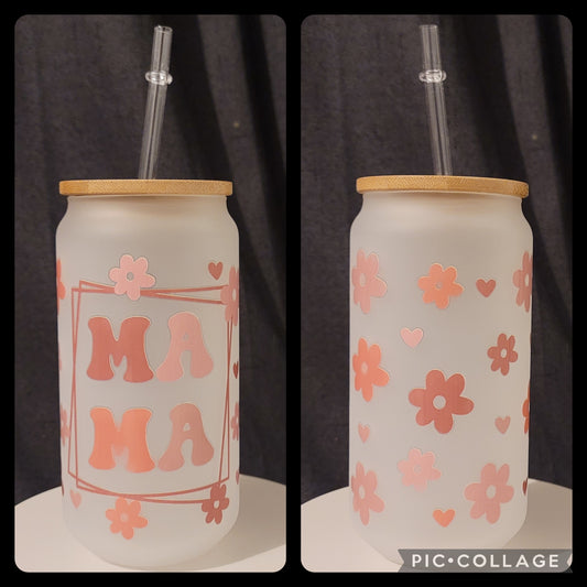 Mama Flowers Frosted Glass Can