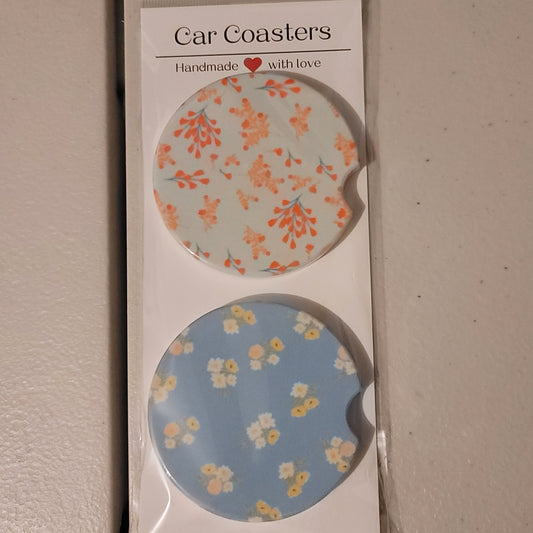 Floral Car Coasters - Blue