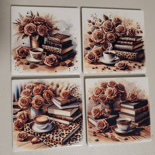 Leopard, Coffee, & Books Coaster Set