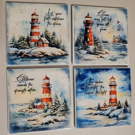 Winter Lighthouse Coaster Set