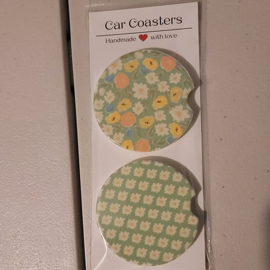 Floral Car Coasters - Green