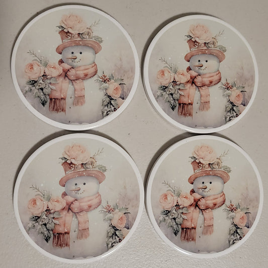 Antique Pink Snowman Coaster Set